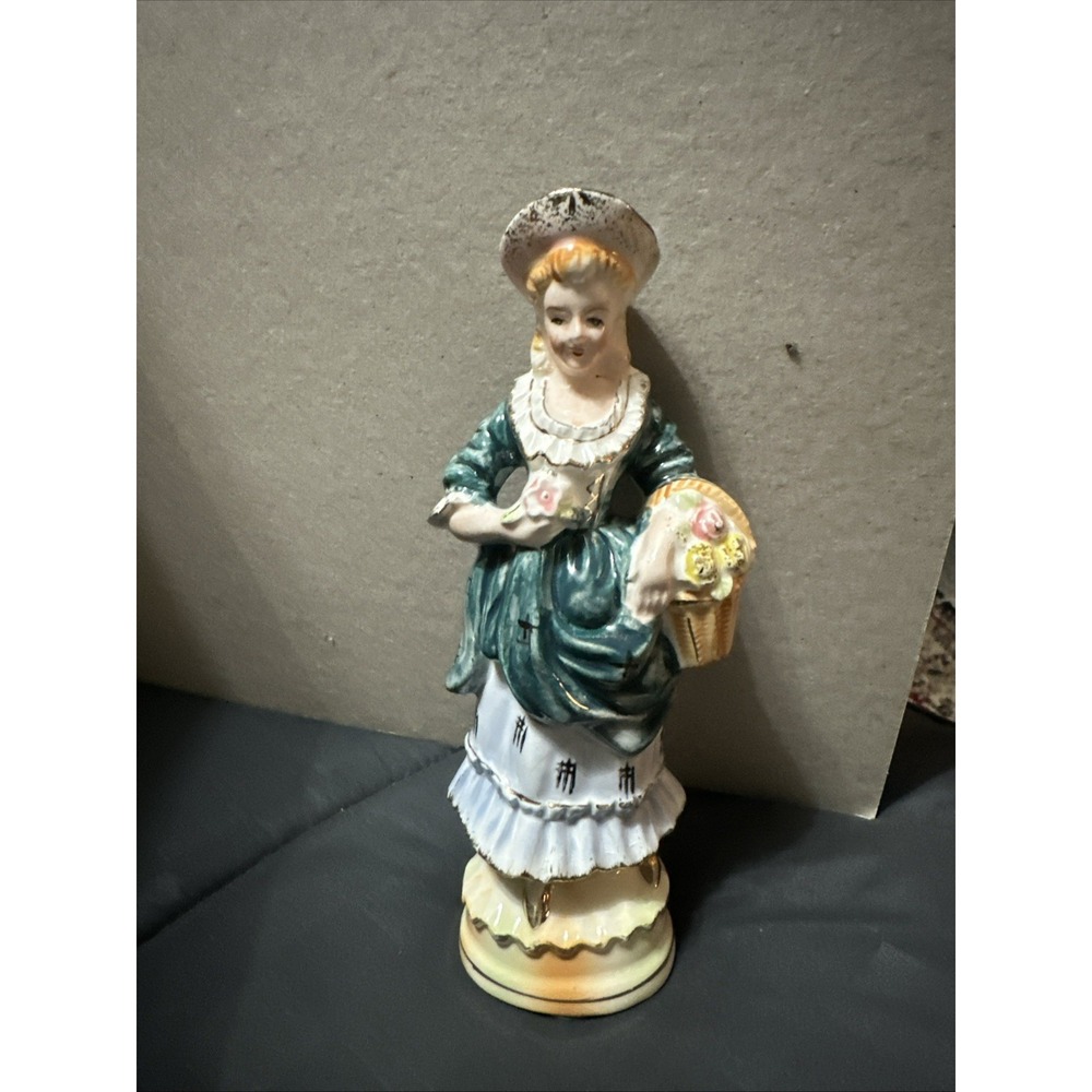 Lefton Porcelain Hand Painted Woman Figurine with Basket of Flowers